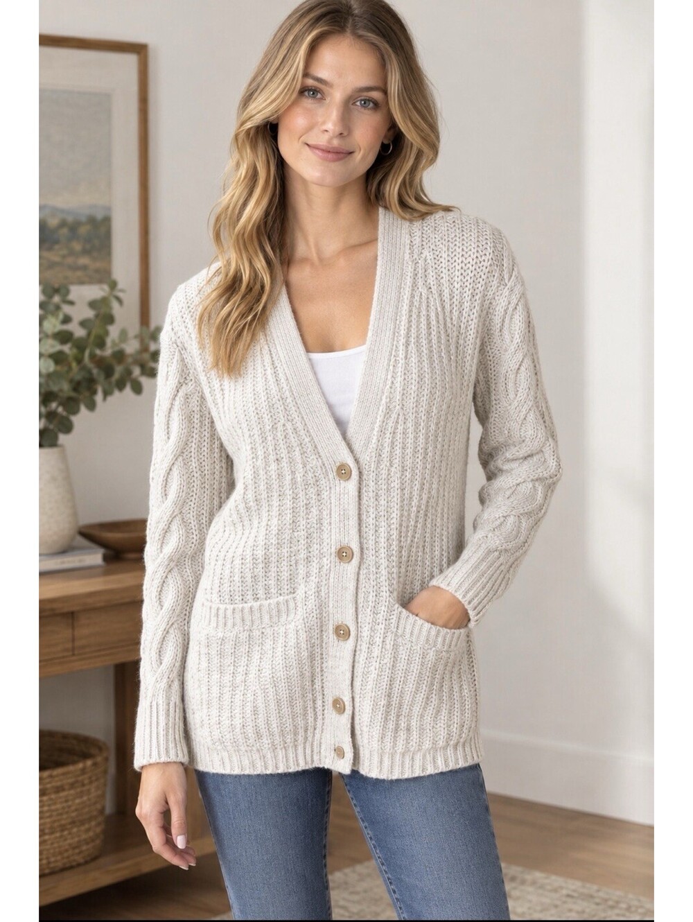 Banana Republic Women's S Italian Wool Blend Chunky Cable Knit Cardigan Sweater